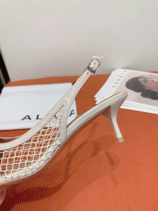 Alaïa White Mesh Cutout Pointed Toe Kitten Heel Sandals - Picture 7 of 8